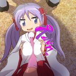  bestiality blue_eyes blush breasts condom cum ejaculation hiiragi_kagami japanese_clothes large_breasts lucky_star miko paizuri purple_hair twintails uwa~a 