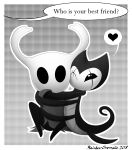2018 2_horns ambiguous_gender arthropod black_eyes black_text cloak clothing dialogue digital_media_(artwork) duo english_text greyscale grimmchild_(hollow_knight) heart_symbol hi_res hollow_knight horn hug monochrome one_eye_closed question question_mark rainbow_chromatic sitting speech_bubble tail team_cherry text the_knight_(hollow_knight) vessel_(species)