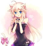  :o ahoge animal_ears bad_id bad_pixiv_id bare_shoulders blush bow braid cat_ears cat_tail cup dress fang heart holding ia_(vocaloid) kemonomimi_mode long_hair moe_on_drop pink_hair simple_background single_braid solo tail tail_bow vocaloid white_background 
