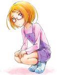  blonde_hair brown_eyes glasses kurochiroko looking_at_viewer pink-framed_eyewear precure shirabe_ako short_hair shorts solo squatting suite_precure white_background 