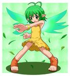  antenna_hair blush_stickers bracelet dress fairy fairy_bloom_freesia fairy_wings fighting_stance freesia green_background green_eyes green_hair jewelry leaf pointy_ears sandals senyou6060 shadow short_hair sleeveless solo sundress wings yellow_dress 