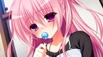  :o bangs blush candy collarbone covered_mouth eyebrows_visible_through_hair face food game_cg hair_between_eyes holding holding_food kanadome_miyako lollipop long_hair looking_at_viewer nanaka_mai nose_blush one_side_up parted_lips pink_eyes pink_hair pure_girl purple_eyes saliva sliding_doors solo striped tareme upper_body 