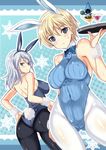  alternate_costume animal_ears ass aurora_e_juutilainen back-seamed_legwear bare_shoulders black_legwear black_leotard blonde_hair blue_eyes blue_hair blue_leotard blush brave_witches breasts bunny_ears bunny_girl bunny_tail bunnysuit cherry covered_navel covered_nipples drink food from_behind fruit kyougoku_shin large_breasts leotard multiple_girls nikka_edvardine_katajainen pantyhose purple_eyes ribbed_sweater seamed_legwear short_hair silver_hair smile snowflakes sweatdrop sweater tail tonttu tray white_legwear world_witches_series wristband 