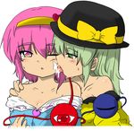  bare_shoulders blush dress facial green_eyes green_hair hairband hat incest komeiji_koishi komeiji_satori licking multiple_girls nekokokazuma off_shoulder one_eye_closed purple_eyes purple_hair short_hair siblings sisters third_eye tongue touhou yuri 