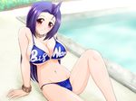  1girl antenna_hair bare_shoulders bikini blue_hair blush breasts cleavage collar huge_breasts idolmaster large_breasts legs long_hair looking_at_viewer lying miura_azusa navel pool red_eyes sitting smile solo steam swimsuit thighs thong water 