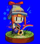  1girl blue_background blue_dress blush_stickers connie_(mario) dress electric_plug grass hat highres holding holding_watering_can mario_&amp;_luigi:_brothership mario_&amp;_luigi_rpg mario_(series) petzcatz2 rainbow saturated smile solo watering_can white_hat 