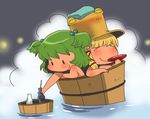  blonde_hair bottle bucket closed_eyes cup green_hair hair_bobbles hair_ornament hair_ribbon hat in_bucket in_container kisume moriya_suwako multiple_girls nude onikobe_rin outstretched_arm ribbon sakazuki sake_bottle smile steam touhou towel towel_on_head twintails wooden_bucket |_| 