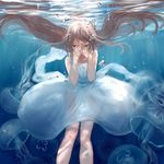  blue_eyes brown_hair bubble dress floating_hair green_eyes half-closed_eyes hands_on_own_face jellyfish long_hair original ran_(pixiv2957827) reflection solo underwater very_long_hair wet wet_clothes white_dress 