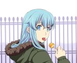  1girl alternate_costume aqua_eyes aqua_hair candy commentary_request eyebrows_visible_through_hair fingernails food hair_between_eyes holding holding_candy holding_food ishii_hisao kantai_collection lollipop long_hair long_sleeves looking_back solo suzuya_(kantai_collection) teeth tongue tongue_out 