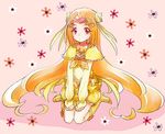  boots bow brooch bubble_skirt choker circlet cure_muse_(yellow) frills hair_ribbon heart jewelry knee_boots kurochiroko long_hair magical_girl orange_hair precure red_eyes ribbon seiza shirabe_ako sitting skirt solo suite_precure twintails very_long_hair yellow_bow yellow_choker 