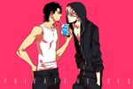  barnaby_brooks_jr black_hair blonde_hair drink drinking drinking_straw facial_hair glasses hands_in_pockets hood hoodie hoshino_lily kaburagi_t_kotetsu male_focus milk milk_carton multiple_boys open_mouth pink_background profile simple_background stubble tank_top tiger_&amp;_bunny 