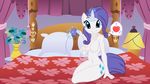  ? anthro anthrofied bed breasts condom cutie_mark dialog dialogue equine female friendship_is_magic hair horn horse inviting levitation looking_at_viewer magic mammal mane my_little_pony pillow pony pose purple purple_hair rarity_(mlp) smile solo text unicorn 