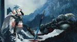  akai_kitsune bad_id bad_pixiv_id bare_shoulders black_legwear blood blue_eyes blue_hair breastplate cape dragon gauntlets greaves hair_ornament highres original short_hair sitting snow solo sword thighhighs weapon 