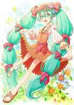  :d dress flower green_eyes green_hair hatsune_miku jewelry long_hair necklace open_mouth pavelnedved11 sandals skirt_hold smile solo toenail_polish twintails very_long_hair vocaloid 