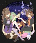  1girl alternate_costume blue_eyes bow bowtie brown_eyes brown_hair chandelure cup duosion eating food gen_5_pokemon gloves halloween hat hat_ribbon high_ponytail highres jacket lantern litwick long_hair looking_at_viewer macaron neu-ko night night_sky pantyhose pillow pokemon pokemon_(creature) pokemon_(game) pokemon_bw ribbon short_hair sitting sky smile solosis star_(sky) striped striped_legwear suspenders top_hat touko_(pokemon) touya_(pokemon) witch_hat 