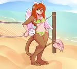  bikini breasts clothed clothing cute dragon female ferret ferrit hair horn hybrid looking_at_viewer mammal mustelid red_hair seaside skimpy solo strawberryneko swimsuit tight_clothing tongue tongue_out unknown_species volleyball wings 