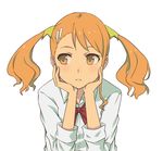  anjou_naruko ano_hi_mita_hana_no_namae_wo_bokutachi_wa_mada_shiranai. bad_id blush hands_on_own_face hashi long_hair orange_eyes orange_hair shirt simple_background sleeves_rolled_up solo twintails white_background white_shirt 