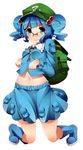  backpack bad_id bad_pixiv_id bag bespectacled blue_eyes blue_hair boots full_body glasses hair_bobbles hair_ornament hat kawashiro_nitori key kinakomoti looking_at_viewer navel simple_background skirt smile solo touhou two_side_up white_background 