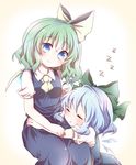  ascot bad_id bad_pixiv_id blue_eyes blue_hair blush bow cirno closed_eyes daiyousei fairy_wings green_hair hair_bow hair_ribbon highres kuromame_(8gou) multiple_girls puffy_sleeves ribbon shirt short_hair short_sleeves side_ponytail sleeping smile touhou wings zzz 