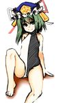  barefoot borrowed_design green_eyes green_hair hat mabuchoco_m one-piece_swimsuit shiki_eiki short_hair sitting sketch smile solo swimsuit touhou 