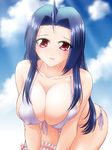 1girl ass bare_shoulders bent_over bikini blue_hair blush breast_squeeze breasts cleavage cloud clouds collarbone erect_nipples huge_breasts idolmaster large_breasts legs long_hair looking_at_viewer miura_azusa open_mouth red_eyes simple_background sky smile solo sunlight swimsuit thigh_strap thighs 
