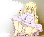  barefoot blonde_hair blush breasts covered_nipples dress highres holding ikuta_takanon large_breasts no_hat no_headwear panties pencil pubic_hair pussy_peek sitting solo sweatdrop touhou underwear white_dress white_panties yakumo_yukari 