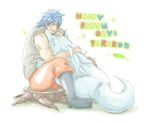  blue blue_hair canine cloth fur hair human male mammal plain_background terry terry_cloth toriko white white_background white_fur wolf 