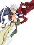  2boys black_eyes blue_eyes brown_hair facial_hair fate/zero fate_(series) goatee green_eyes green_hair hazuki_jun hood hoodie long_hair matou_kariya multiple_boys parody shoujo_kakumei_utena style_parody toosaka_aoi toosaka_tokiomi white_hair 