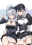  2girls ;) ;p anchor_hat_ornament arm_around_back azur_lane black_hair black_hat black_jacket black_skirt blue_eyes blush breasts cleavage commentary_request cross cross_hair_ornament curly_hair elbe_(azur_lane) garter_straps gradient_eyes groin hair_between_eyes hair_bun hair_ornament hat hat_ornament highleg highleg_panties highres hip_focus holding_hands hug iron_cross jacket jade_(azur_lane) large_breasts long_hair medium_breasts medium_hair miniskirt mole mole_under_eye multicolored_eyes multicolored_hair multiple_girls naha78 one_eye_closed panties pink_eyes pleated_skirt purple_eyes single_hair_bun skirt smile standing streaked_hair thigh_gap thighs tongue tongue_out two-tone_hair underwear upskirt v v_over_eye very_long_hair white_hair white_panties x_hair_ornament 