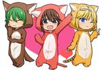  alice_margatroid alternate_costume animal_costume animal_ears animal_print arm_up blonde_hair blue_eyes brown_eyes brown_hair cat_costume cat_ears cat_tail closed_eyes dog_costume dog_ears dog_tail green_hair hair_tubes hakurei_reimu hat hat_with_ears heart kazami_yuuka looking_at_viewer monoelegy multiple_girls open_mouth pajamas smile tail tiger_costume tiger_ears tiger_print tiger_stripes tiger_tail touhou 