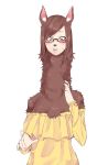  2018 animal_humanoid brown_hair camelid camelid_humanoid clothed clothing eyewear female glasses hair half-length_portrait humanoid long_hair long_neck mammal menma911 open_mouth portrait simple_background solo surprise transformation white_background 