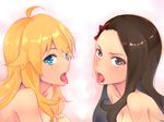  ahoge blonde_hair blue_eyes blush bow breasts brown_eyes brown_hair colorized efyuru forehead hair_bow hoshii_miki idolmaster idolmaster_(classic) long_hair medium_breasts minase_iori multiple_girls nude tkhs tongue tongue_out 