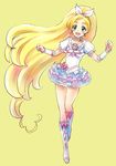  blonde_hair boots brooch choker cure_rhythm earrings frilled_skirt frills full_body green_eyes jewelry knee_boots kurochiroko long_hair magical_girl minamino_kanade ponytail precure simple_background skirt solo suite_precure very_long_hair white_choker yellow_background 