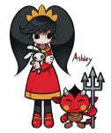  1girl ashley_(warioware) bell big_hair black_eyes black_hair black_leggings closed_mouth demon demon_tail dress hairband horns jjjjtaaaku leggings light_frown long_hair long_sleeves looking_at_another looking_at_viewer orange_hairband red_(warioware) red_dress red_footwear stuffed_animal stuffed_toy tail tiara twintails warioware 