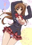  arms_up blazer blush breasts brown_eyes brown_hair chuunibyou_demo_koi_ga_shitai! hair_ornament hairclip jacket large_breasts long_hair looking_at_viewer marugoshi_teppei nibutani_shinka nipples no_bra open_clothes open_shirt panties pantyshot plaid plaid_skirt school_uniform shirt side_ponytail skirt smile solo underwear upskirt white_panties 