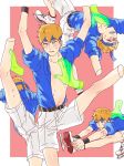  1boy absurdres armpits bandanna blue_shirt blush collarbone highres ice_skates looking_at_viewer male_focus mob_psycho_100 open_clothes open_shirt reigen_arataka restrained shirt short_sleeves shorts skates solo stretch white_shorts 