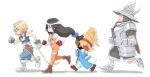  1girl 3boys adelbert_steiner aqua_vest black_hair blonde_hair blue_eyes bodysuit boots burmecian cropped_vest dede_(qwea_00000) final_fantasy final_fantasy_ix garnet_til_alexandros_xvii gloves hat highres lace-up_top long_hair low-tied_long_hair monkey_tail multiple_boys orange_bodysuit running tail vest vivi_ornitier wizard_hat zidane_tribal 