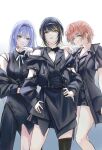  3girls absurdres black_coat black_hair black_hairband black_necktie black_pants black_shirt black_shorts black_thighhighs blonde_hair blue_hair breasts brown_eyes cleavage clothing_cutout coat cometik_(idolmaster) detached_sleeves hairband hand_on_own_hip highres idolmaster idolmaster_shiny_colors ikaruga_luca ikuta_haruki long_hair looking_at_viewer medium_hair multiple_girls neck_ribbon necktie orange_hair pants purple_eyes ribbon shirt short_hair shorts shoulder_cutout single_thighhigh sleeveless sleeveless_shirt sushizanmai_(sorahaaoi7) suzuki_hana thighhighs white_background white_ribbon 