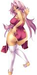  ass bare_shoulders barefoot blue_eyes blush breasts covered_nipples dark_skin dress facial_mark forehead_mark from_behind hair_intakes hand_on_ass highres impossible_clothes impossible_dress k_liss_s kneepits knees_together_feet_apart koihime_musou large_breasts long_hair looking_at_viewer looking_back open_mouth pigeon-toed purple_hair simple_background solo sonken taut_clothes taut_dress thighhighs toeless_legwear tsurime white_background white_legwear wide_hips 
