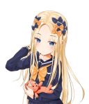  1girl abigail_williams_(fate/grand_order) bangs black_bow blonde_hair blue_eyes blush bow bowtie closed_mouth fate/grand_order fate_(series) forehead hair_bow hand_in_hair highres holding holding_stuffed_animal long_hair long_sleeves looking_at_viewer orange_bow orange_neckwear parted_bangs pleated_skirt sailor_collar sakazakinchan school_uniform serafuku simple_background skirt solo stuffed_animal stuffed_toy teddy_bear white_background 
