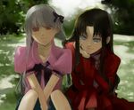  bad_id bad_pixiv_id black_hair blue_eyes dark_sakura fate/stay_night fate_(series) genichikou long_hair matou_sakura multiple_girls red_eyes siblings sisters sitting toosaka_rin white_hair 