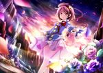  ayase_midori flower hairband heart komeiji_satori looking_at_viewer outstretched_arm petals pink_eyes pink_hair rubble short_hair skirt sky solo third_eye touhou wide_sleeves wind 