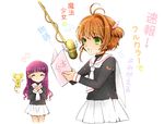  bad_id bad_pixiv_id book brown_hair cardcaptor_sakura closed_eyes daidouji_tomoyo green_eyes hair_ornament hairclip kero kinomoto_sakura long_hair microphone mokku_(ak0207) multiple_girls purple_hair reading recording_studio school_uniform script serafuku short_hair tomoeda_elementary_school_uniform translation_request 