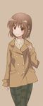  brown_eyes brown_hair coat mokkei pants plaid plaid_pants shakugan_no_shana short_hair yoshida_kazumi 