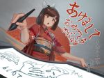  1girl 2019 aircraft airplane ao_iro boar brown_eyes brown_hair chestnut_mouth chinese_zodiac commentary_request drawing_tablet fisheye floral_print grey_background hair_ornament hairclip happy_new_year highres i-401_(kantai_collection) japanese_clothes kantai_collection kimono new_year ponytail red_kimono solo stylus tan upper_body year_of_the_pig 