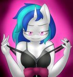  anthro anthrofied blue_hair breasts clothing equine female friendship_is_magic hair horn horse krystil lamiaaaa looking_at_viewer mammal multi-colored_hair my_little_pony plain_background pony seductive smile solo two_tone_hair undressing unicorn vinyl_scratch_(mlp) 
