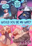absurd_res anthro blue_eyes blue_hair blush breasts comic dialogue digit_ring domestic_cat duo eyes_closed eyewear felid feline felis female finger_ring fur glasses grey_body grey_fur hair happy heart_symbol hi_res jewelry kissing leaning leaning_backward love male male/female mammal night peachy_(peachygho) poofroom proposal ring_box romantic romantic_couple sky smile speech_bubble star verlet_(blurfire)