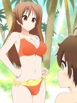  1boy 1girl bare_shoulders bikini blush breasts brown_eyes brown_hair bulge chuunibyou_demo_koi_ga_shitai! cleavage futa_with_male futanari hair_ornament hairclip large_breasts long_hair midriff navel nibutani_shinka og penis smile swimsuit togashi_yuuta 