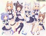  6+girls :d aged_down animal_ear_fluff animal_ear_legwear animal_ears apron arm_up azuki_(nekopara) bell black_thighhighs blonde_hair blue_eyes blue_footwear bow bowtie brown_eyes brown_footwear brown_hair cat_ear_legwear cat_ears cat_girl cat_tail chestnut_mouth child chocola_(nekopara) cinnamon_(nekopara) cleavage_cutout clothing_cutout coconut_(nekopara) commentary_request double_v fangs fishnets flat_chest frilled_apron frills full_body green_eyes hair_between_eyes hand_on_own_hip heterochromia index_finger_raised interlocked_fingers jingle_bell logo long_hair looking_at_viewer low_twintails maid maid_headdress maple_(nekopara) multiple_girls name_tag nekopara official_art open_mouth orange_footwear own_hands_together pantyhose paw_pose polka_dot polka_dot_background puffy_short_sleeves puffy_sleeves purple_footwear purple_hair red_footwear ribbon-trimmed_clothes ribbon_trim sayori_(neko_works) shoes short_hair short_sleeves simple_background slit_pupils smile socks striped_tail tail thighhighs twintails two_side_up v vanilla_(nekopara) waist_apron white_hair white_pantyhose white_socks white_thighhighs wrist_cuffs yellow_eyes 