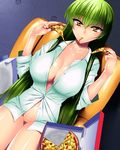  bad_id bad_pixiv_id bottomless breasts c.c. cleavage code_geass dress_shirt eating food green_hair holding_pizza large_breasts legs long_hair no_bra no_panties pizza pubic_hair sen_(sansui) shirt sitting sleeves_pushed_up solo thighs yellow_eyes 